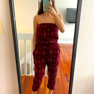 Full-length maroon strapless romper